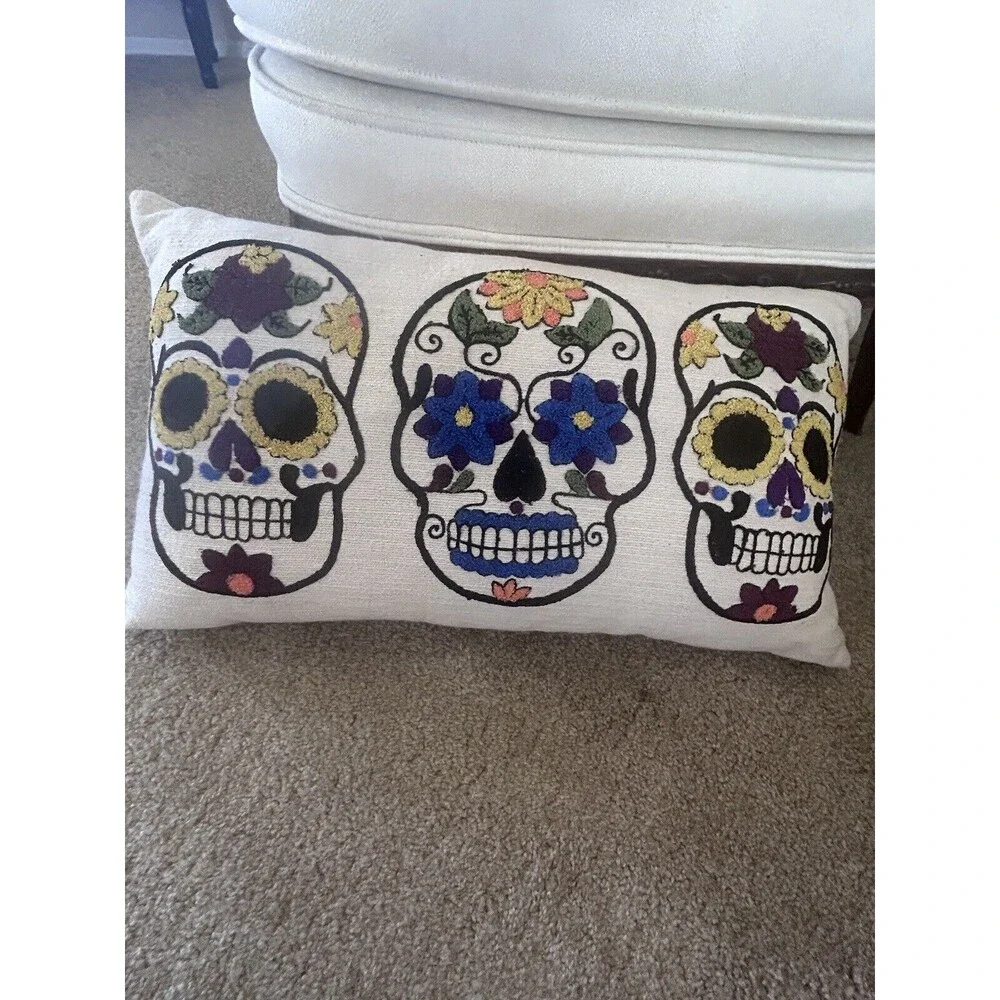 Halloween  SWEET STREET Embroidered Day of the Dead Sugar Skull Rectangle Pillow